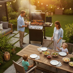 GRILL OGRODOWY GAZOWY Z POKRYWĄ I PÓŁKAMI APOLLO-B CZARNY RUSZT ŻELIWNY 11,5 KW APOLLO-B