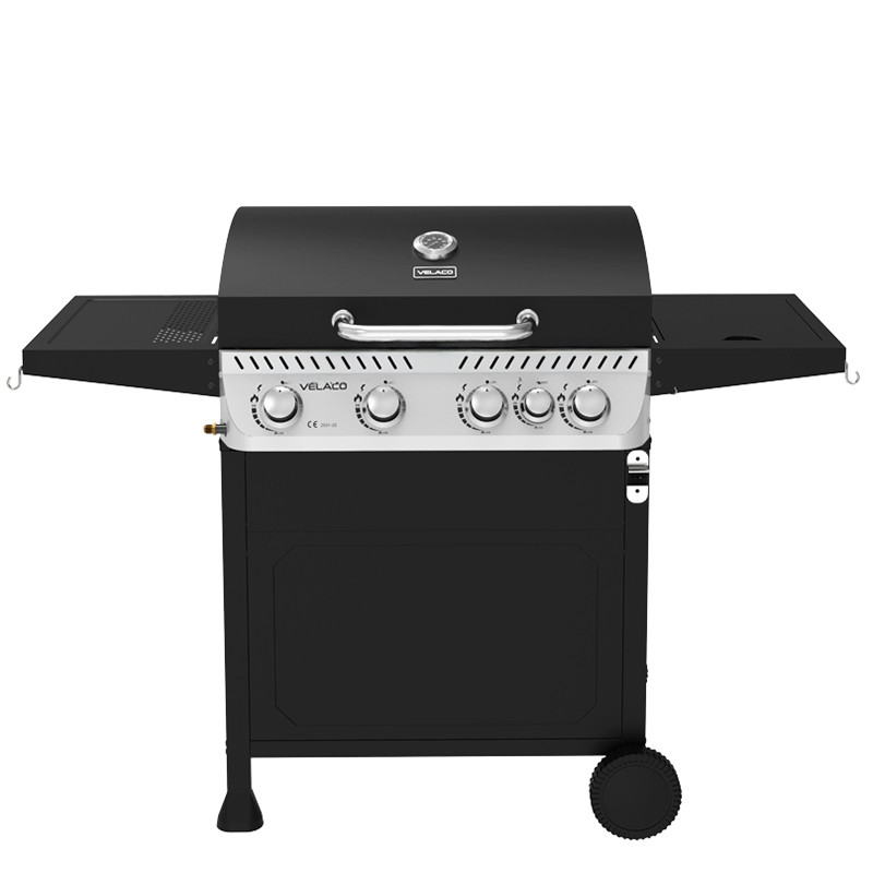 GRILL OGRODOWY GAZOWY Z POKRYWĄ I PÓŁKAMI APOLLO-C CZARNY RUSZT ŻELIWNY 14,5 KW APOLLO-C