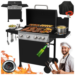 GRILL OGRODOWY GAZOWY Z POKRYWĄ I PÓŁKAMI APOLLO-C CZARNY RUSZT ŻELIWNY 14,5 KW APOLLO-C