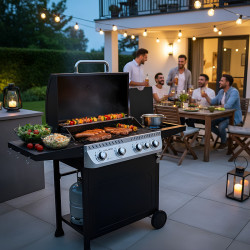 GRILL OGRODOWY GAZOWY Z POKRYWĄ I PÓŁKAMI APOLLO-C CZARNY RUSZT ŻELIWNY 14,5 KW APOLLO-C
