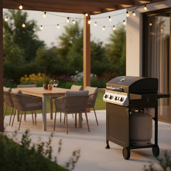 GRILL OGRODOWY GAZOWY Z POKRYWĄ I PÓŁKAMI APOLLO-C CZARNY RUSZT ŻELIWNY 14,5 KW APOLLO-C