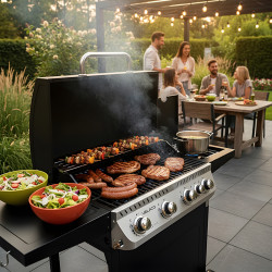 GRILL OGRODOWY GAZOWY Z POKRYWĄ I PÓŁKAMI APOLLO-C CZARNY RUSZT ŻELIWNY 14,5 KW APOLLO-C