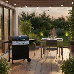 GRILL OGRODOWY GAZOWY Z POKRYWĄ I PÓŁKAMI APOLLO-C CZARNY RUSZT ŻELIWNY 14,5 KW APOLLO-C