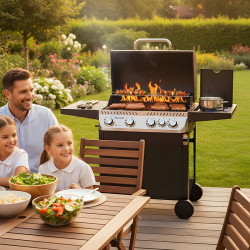 GRILL OGRODOWY GAZOWY Z POKRYWĄ I PÓŁKAMI APOLLO-C CZARNY RUSZT ŻELIWNY 14,5 KW APOLLO-C