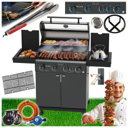 ZESTAW GRILL OGRODOWY GAZOWY Z POKRYWĄ I PÓŁKAMI ZEUS-C CZARNY RUSZT ŻELIWNY ZEUS-C