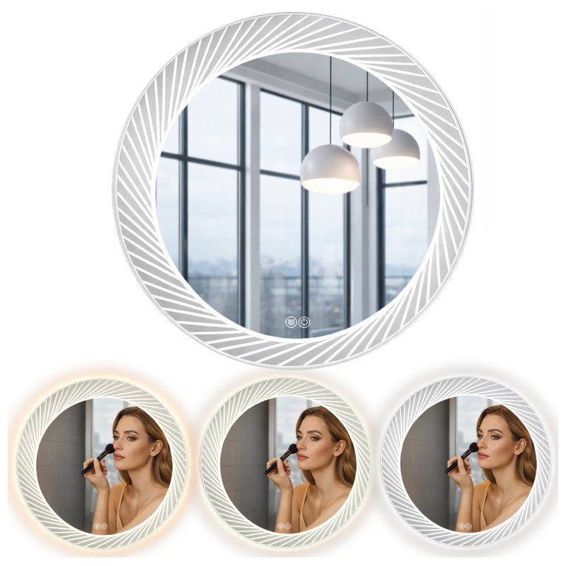 LUSTRO ŁAZIENKOWE PODŚWIETLANE LED OKRĄGŁE AURORA-80 CM 3 BARWY ANTY-PARA