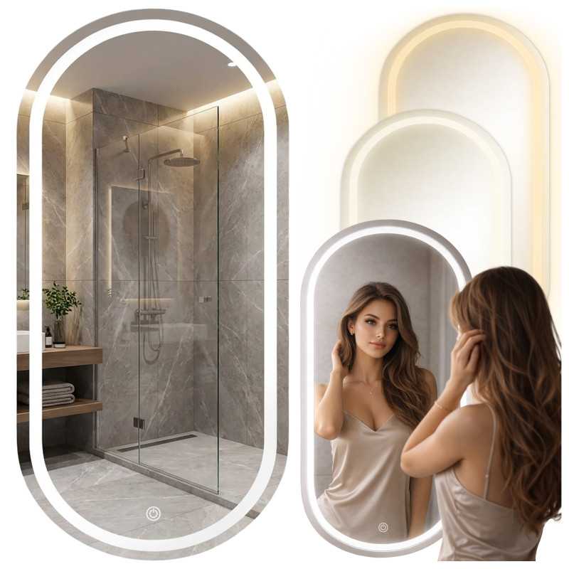 LUSTRO ŁAZIENKOWE PODŚWIETLANE LED OWALNE ŚCIENNE ADEL-50X100 CM 3 BARWY