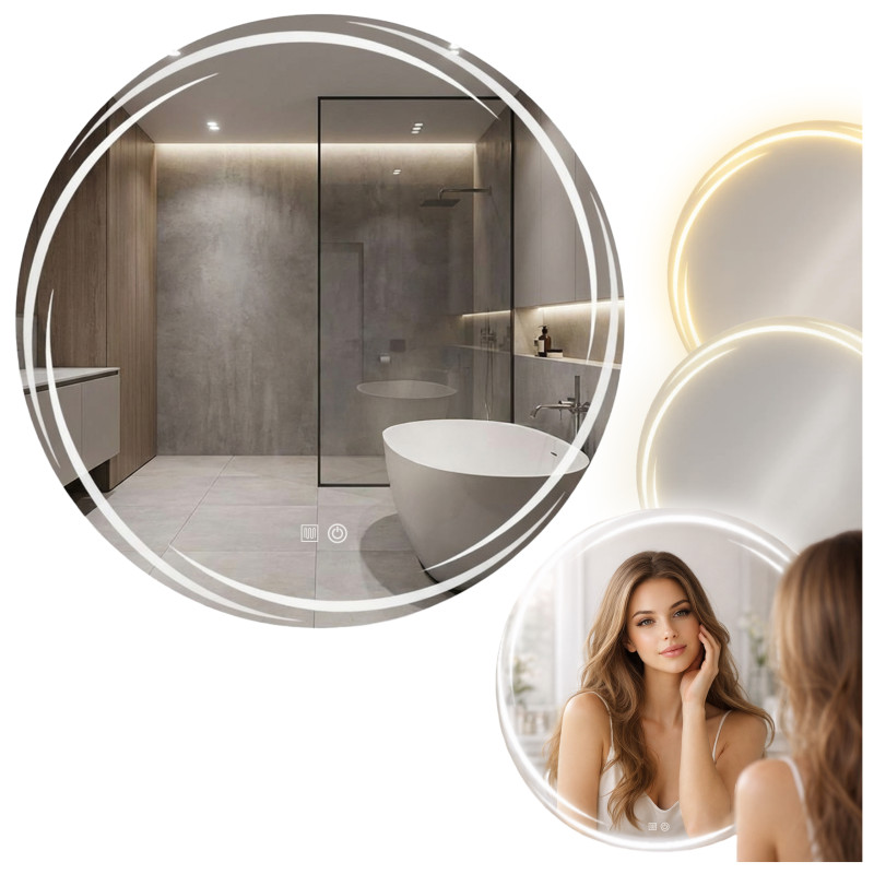 LUSTRO ŁAZIENKOWE PODŚWIETLANE LED OKRĄGŁE DIANA-70 CM 3 BARWY ANTY-PARA