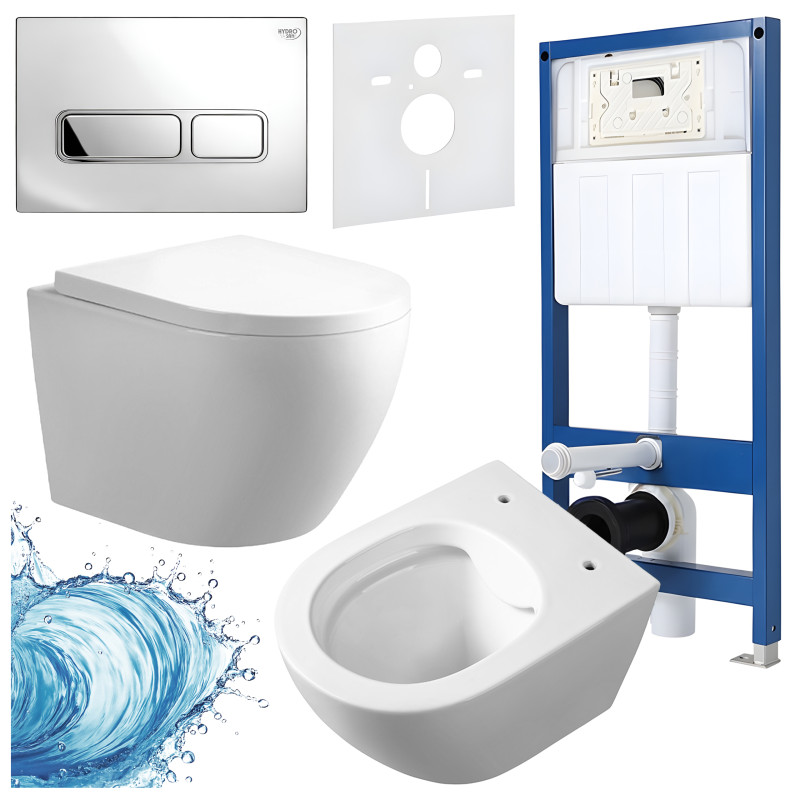 ZESTAW PODTYNKOWY WC STELAŻ HYDROSAN MISKA MIZU-WH-RIM-02 PRZYCISK BUTTON-6-CH CHROM