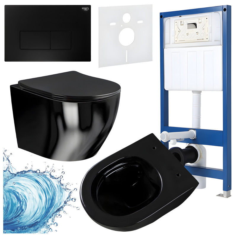 ZESTAW PODTYNKOWY WC STELAŻ HYDROSAN MISKA MIZU-BL-RIM-03 PRZYCISK BUTTON-5-BL CZARNY