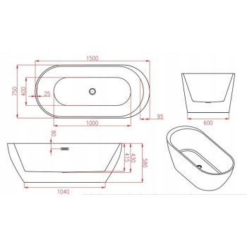 WANNA WOLNOSTOJĄCA PORTO 503A 150x75 CZARNA