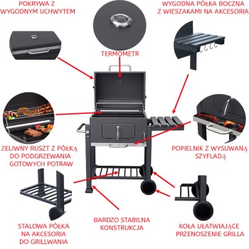 Grill ogrodowy węglowy z pokrywą i pokrowcem VL01P Grafitowy