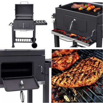 Grill ogrodowy węglowy z pokrywą i półkami VL01 Grafitowy